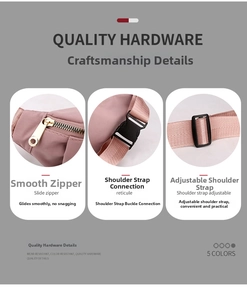 Detail of pink nylon waist bag showing smooth metal zippers and adjustable strap buckle