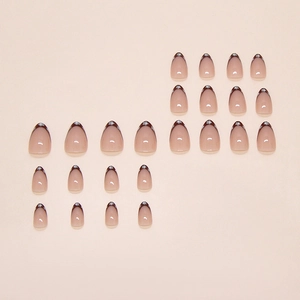 24-piece almond press-on nails with brown French tips and white floral patterns