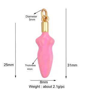 Pink enamel brass charm pendant with gold ring and detailed product dimensions