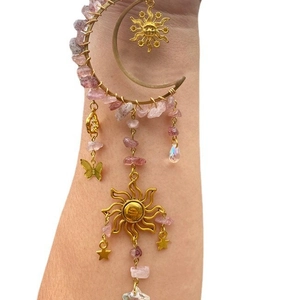 Golden suncatcher wind chime with pink natural crystal chips and crescent moon charms