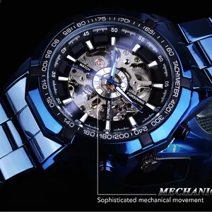 Forsining automatic skeleton mechanical watch with blue stainless steel band and gear detail