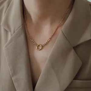 Minimalist 18K gold plated titanium steel chain necklace with irregular ring pendant