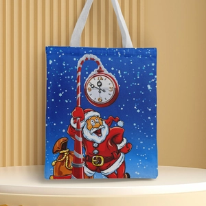 Detail of Christmas canvas tote bag featuring Santa Claus and clock print on blue fabric
