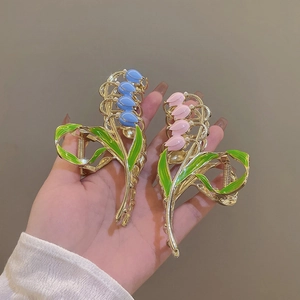 Eleganter Maiglöckchen Haarkralle Legierung Metall Blumen Shark Clip Künstliche Perle Dekor Blau Rosa Haarschmuck Für Damen
