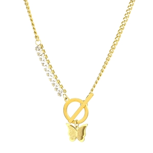 Golden titanium steel necklace with square zircons, butterfly pendant and OT clasp