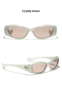 Close-up of Y2K jelly green square sunglasses with translucent frames and purple lenses