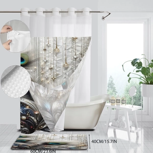 Detail of waterproof peacock feather shower curtain and anti-slip bathroom mat set