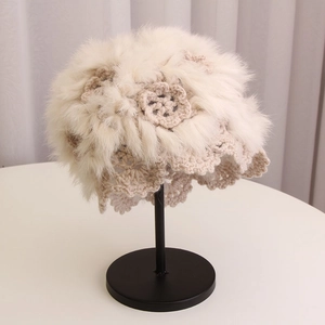 Detailed crochet knit beanie featuring rabbit fur texture and floral embroidery detail