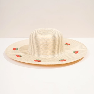 Cappello di paglia estivo da donna a tesa larga con ricamo di ciliegie per il sole