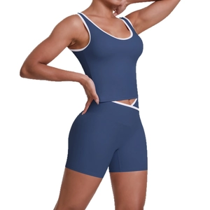 Ensemble de yoga bleu marine à taille haute avec bordures blanches et brassière en U