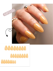 Macro detail of glossy light orange almond-shaped press-on nails with full 24-piece set layout