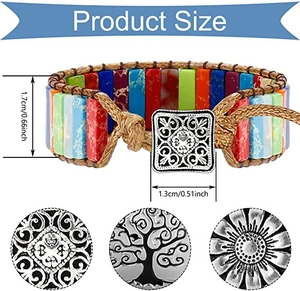 Detail view of Bohemian stone bracelet featuring tree of life and sun charms with sizes