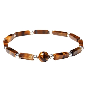 Tiger eye stone beaded bracelet with rectangular and round beads on white background