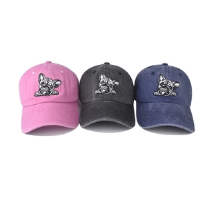 Washed cotton baseball caps in pink, grey and navy with French Bulldog face embroidery