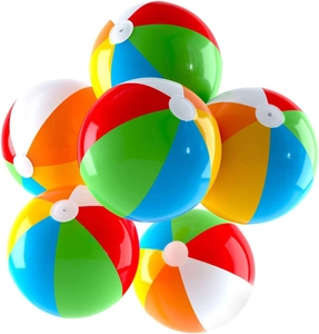 Set of six colorful inflatable PVC beach balls with white valves on a white background