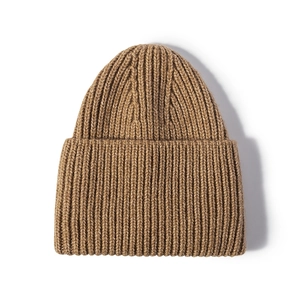 Classic caramel brown ribbed knit beanie hat with a wide folded cuff for winter warmth