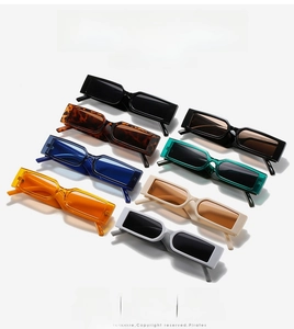 Collection of rectangle sunglasses in multiple colors like black, blue, and orange