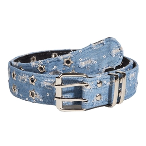 Punk style light blue denim belt with star rivets and double row grommet buckle