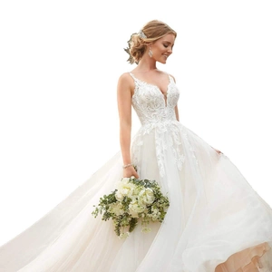 Robe De Mariée Élégante Col En V Profond Broderie Dentelle Tulle Robe Nuptiale Bretelles Spaghetti Longueur Sol Blanc Femmes