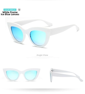 Detail view of white cat eye sunglasses with ice blue mirrored lenses from multiple angles