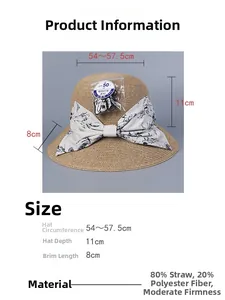Size chart for wide brim straw sun hat with measurements and material specifications