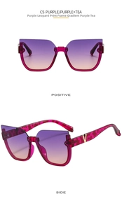 Close-up of leopard print frames with purple gradient lenses and metal V decoration