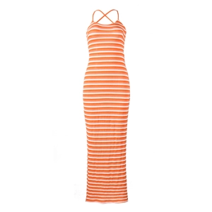 Detail of orange and white striped summer maxi dress featuring ribbed knit texture