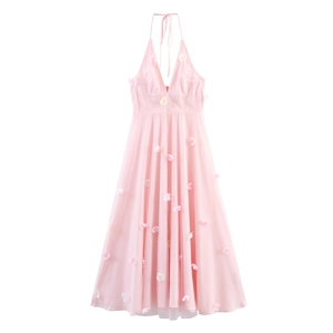Robe Longue Dos Nu Rose Femme 3D Fleurs Perles Mesh Dos Nu Doux Élégant Été Plage Fête Sans Manches Fluide Vestido