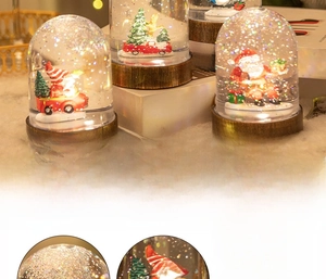 Macro detail of Christmas snow globe lamp showing PVC craftsmanship and battery compartment