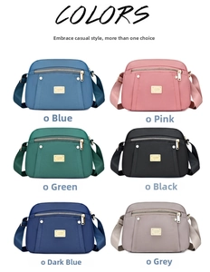 Detailed display of waterproof nylon crossbody bags available in six versatile colors
