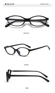 Detailed views of narrow black oval sunglasses showing front and side profile hinges