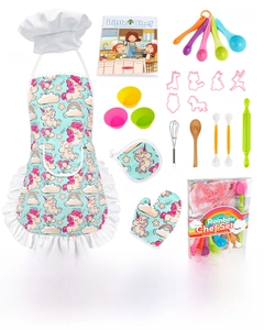 Detailed components of 24-piece unicorn chef set including apron, hat and baking tools