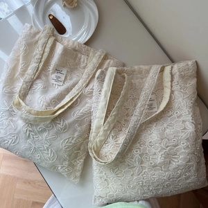 Floral lace embroidery cotton tote bag with vintage aesthetic and French style