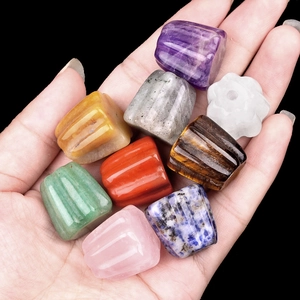 Natural crystal agate carved flower incense base set with nine polished healing stones