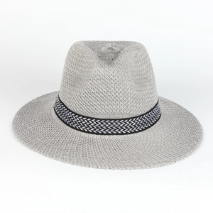 Breathable gray knitted fedora hat with decorative black and white patterned band