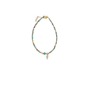 Amazonite beaded anklet with white pearl pendant and adjustable golden clasp
