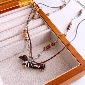 Retro Dachshund Pendant Necklace Long Sweater Chain With Copper Oil Drop Puppy Charm Glass Beads Ethnic Style For Women