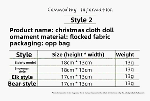 Detailed size specifications for Santa, Snowman, Reindeer, and Bear fabric ornaments