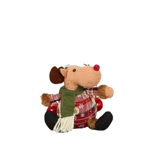 Christmas reindeer plush doll with red plaid fabric and green knitted scarf on white background