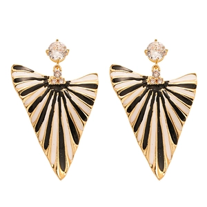 Golden fan-shaped earrings with black and white stripes and sparkling zircon stones