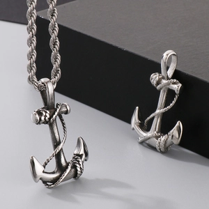 Mens stainless steel anchor pendant necklace with rope texture and twist chain