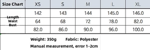 Detailed size chart for lace halter slit dress showing length, waist and bust measurements