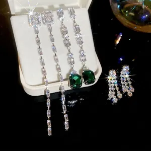 Shining Geometric Zircon Long Tassel Fringe Earrings With 925 Sterling Silver Earring Post Elegant Luxury Jewelry Woman
