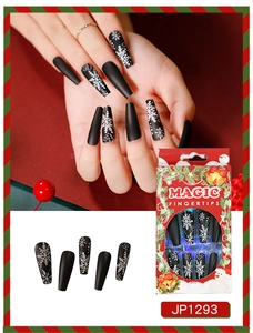 Matte black Christmas press on nails with white snowflakes and festive red packaging