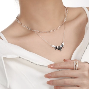 S925 silver double-layered leaf necklace set with amber gemstone ring for women