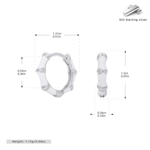 Detail view of S925 sterling silver bamboo style earrings with size and weight specs