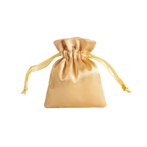 Golden satin drawstring pouch for jewelry gift storage with soft glossy texture finish