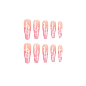 Pink press-on nails with white hearts, stars, and E letters, set of 10 long fake nails