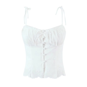 Women's white summer camisole with floral embroidery and lace-up shoulder straps