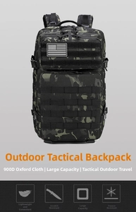 Detail of 900D Oxford fabric tactical backpack with MOLLE system and US flag patch